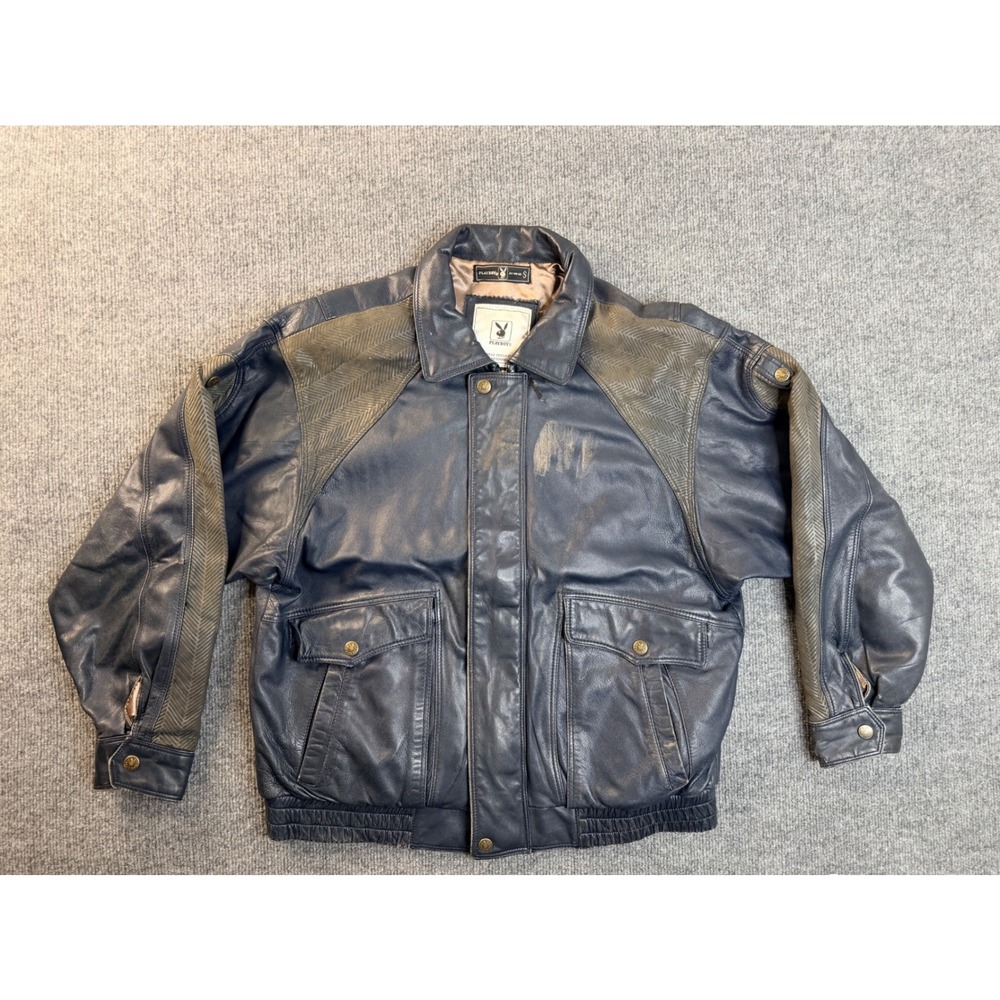 Vintage Playboy Leather Bomber Jacket Small Navy Blue Y2K Biker Streetwear Coat